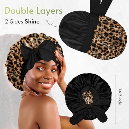 Bonnet Queen Silk Bonnet for Sleeping Satin Bonnet Hair Bonnet Satin Lined Bonnets Double Layer Bonnets Adjustable Tie Bonnets Night Cap For Curly Hair Leopard - Image 3