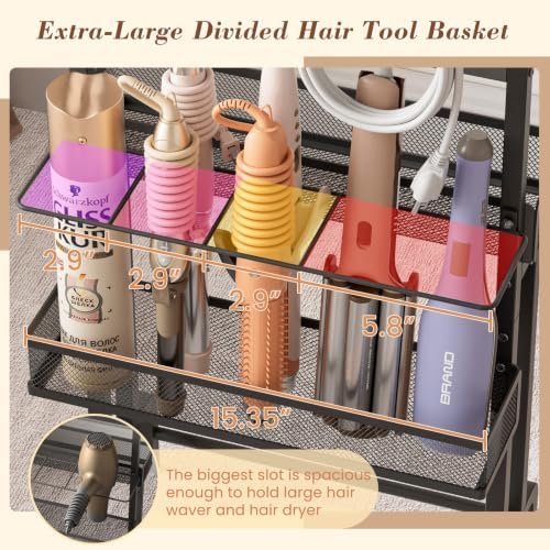 Hair Tool Organizer Cart with Hair Dryer Holder, Narrow Bathroom Storage Cart for Curling Flat Iron & Hot Tools, Slim Hair Appliance Organizer for Vanity Styling Tools (Black) - Image 5