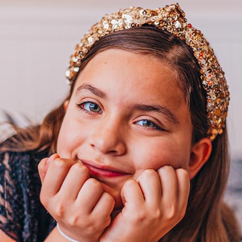 FROG SAC Sequin Knot Headband for Girls - Gold Knotted Head Bands for Kids, Sparkly Little Girl Headbands, Cute Tween Beaded Hair Band Accessories, Easter Basket Fillers Stocking Stuffers - Image 2