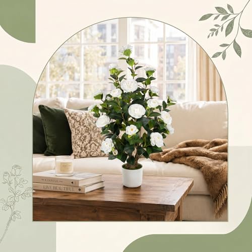 2 Pack 3FT Artificial Camellia Trees with White Flowers - Image 6