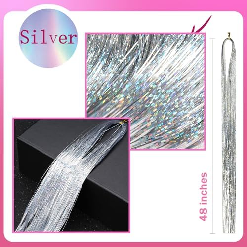 NIACONN Glitter Hair Tinsel Extensions Kit Silver with Tools and Beads, 48 Inch Sparkly Fairy Colorful Tensile Strands Shiny Hair Accessories for Women Girls Kids - Image 3