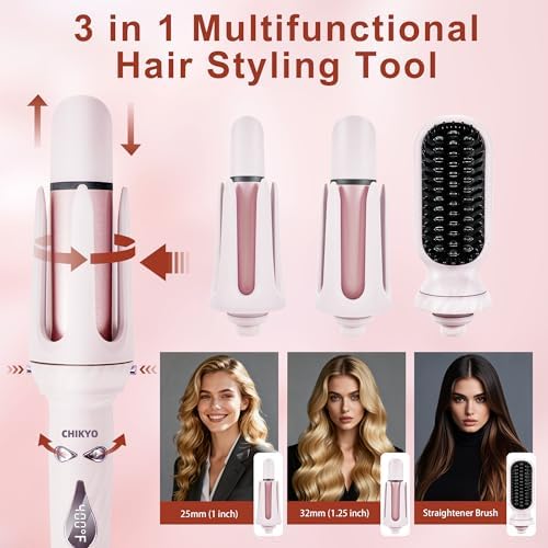 CHIKYO 3 in 1 Multifunctional Hot Tool, Automatic Curling Irons with 2 Ceramic Barrel(1", 1.25") & Hair Straightener Brush, Hair Curler & Straightening Comb, Colored Pink - Image 2