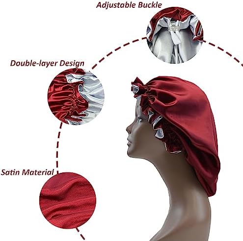 Silk Bonnet for Sleeping Satin Bonnets Double Layer Reversible Hair Cap Bonnet for Women Long Curly Braid Hair (Crimson) - Image 3