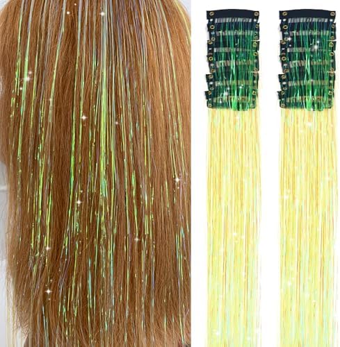 Hair Tinsel Pack of 12 Pcs Clip in Hair Tinsel 20 Inch Yellow Glitter Tinsel Hair Extensions Tinsel Fairy Hair Party Dazzle Hair Accessories Strands Kit (12Pcs,Dazzle Light Yellow#) by Umylar