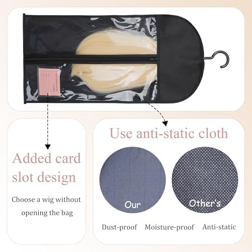 6PCS Anti-Static Wig Storage & Care, Multi-functional Wig Holder for Multiple Wigs Wig bags for travel, Dust-Proof Storage Organizer with Hook for Hair Extensions, Wigs & Accessories (Black) - Image 4