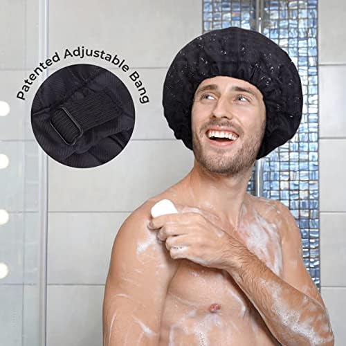 Shower Cap for Men Black Bath Cap, Reversible Large Waterproof Adjustable Shower Caps Terry Lining & Elastic Band Stretch Hem Hair Hat - Image 4