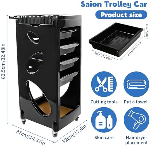 EBANKU Salon Beauty Rolling Trolley Cart Black Hair Salon Storage - Image 2