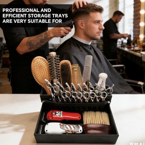 Barber Station Tray for Scissors Holder & Clippers Organizer, Barber Accessories Storage Station for Combs/Hair Clip/Trimmers, Barber Salon Home Desktop Tool Organizer(Small 11.9" x 8.8" x 4.4") - Image 6