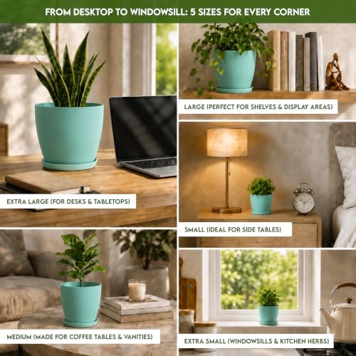 Plant Pots Indoor with Drainage, 5 Pack Multi-Size Planters Set, Aqua - Image 3