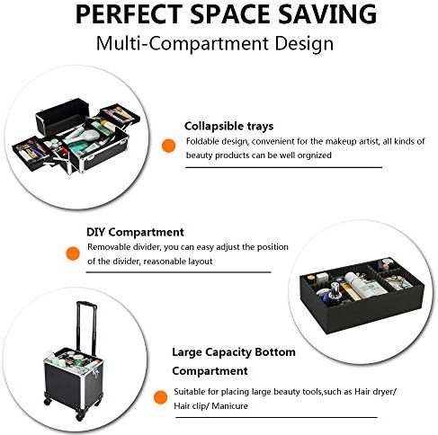 mefeir 4 in 1 Rolling Makeup Train Case, Aluminum Makeup Travel Organizer Cosmetic Case, Cosmetology Display Suitcase on Wheels, Beauty Storage Luggage Lockable w/4 Removable Wheels (Black) - Image 4