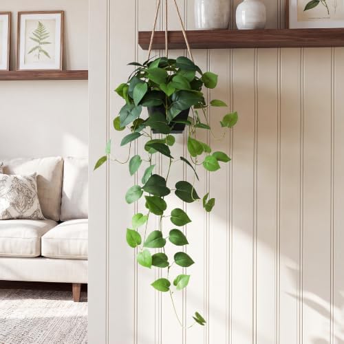 Fake Pothos Hanging Plants, 33" Potted Artificial Hanging Plant, Faux Pothos Silk Vines Hanging Plant Greenery for Home Living Room Indoor Decor - Image 4