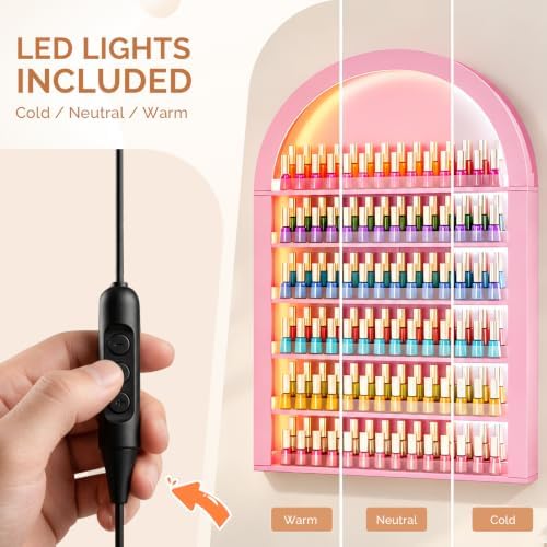 OmySalon Nail Polish & Gel Powder Rack With Led Lighting, Pink Wall Shelf - Image 2