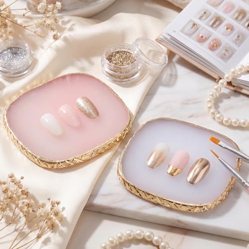 2 Pcs Resin Nail Art Palette, Pink Square Mixing Tray with Gold Edge - Image 5