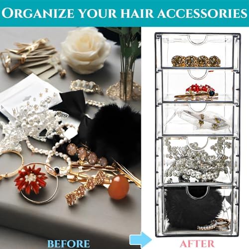 Hair Accessory Organizer, Plastic Clear Hair Tie Storage Box with 5 Drawers, Hair Accessories Container Makeup Organizer Jewelry Holder for Bathroom, Closet Desk, Office (Pack of 2) - Image 4