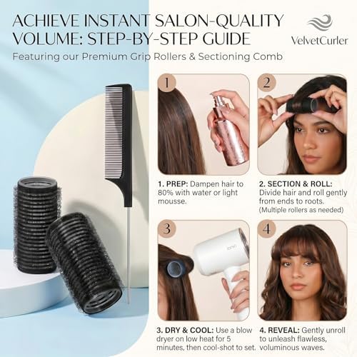 19PCS Self Grip Small Hair Rollers for Women Heatless Velcro Rollers for Hair Volume Set with Tail Comb for Medium Short Hair and Bangs DIY Curly Hairstyle(Black) - Image 5