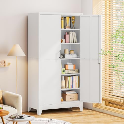 79" White Metal Storage Cabinet with 2 Doors and 5 Adjustable Shelves,Steel Garage Tool Cabinet, File Cabinet,Kitchen Pantry Cabinet for Home,Office,Garage,School,Warehouse - Image 2
