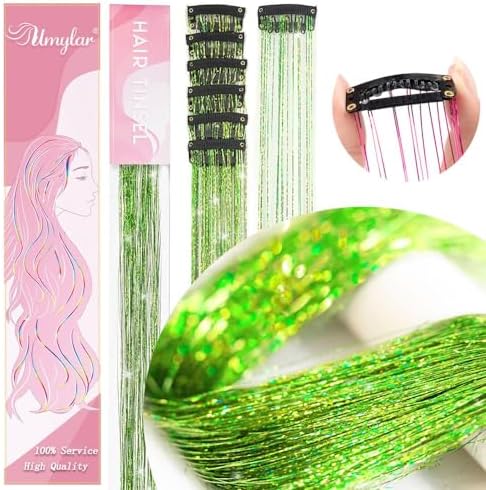 Hair Tinsel Pack of 12 Pcs Clip in Hair Tinsel 20 Inch Glitter Green Tinsel Green Hair Extensions, Festival Tinsel Fairy Hair Party Dazzle Hair Accessories Strands Kit(12Pcs,Grass Green#) - Image 2