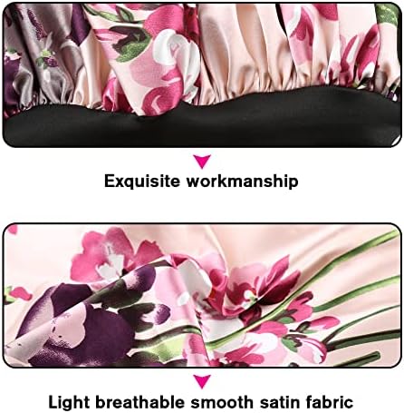 Large Round Satin Bonnet for Sleeping, Double-Layer Elastic Hair Bonnet with Silky Tie Band for Women Braids/Curly/Long Hair - Pink Floral - Image 4