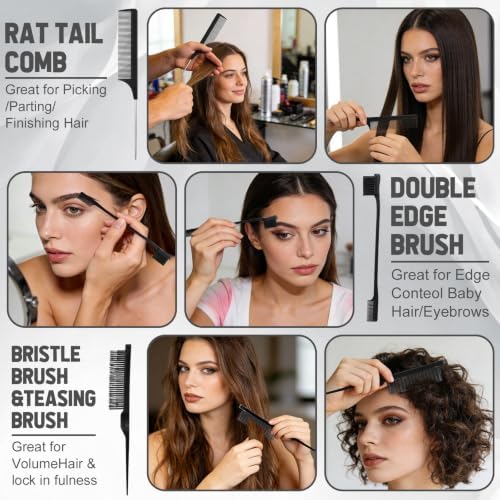 ProSuites 76 Pcs Black Hair Brush Set for Baby Girls - Scalp Scrubber with Handle, Detangle Hair Brush, Spray Bottle, Slick Back Brush Set Wide Tooth Mini Wet Brushes for Travel Home Use - Image 5