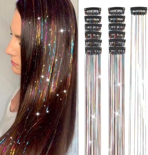 Hair Tinsel 12Pcs Clip in Rainbow Hair Accessories 20.5 Inch Fairy Hair Tinsel Kit for Women Girls Glitter Extensions for Christmas Halloween New Year Party (Rainbow) by Ubeleco