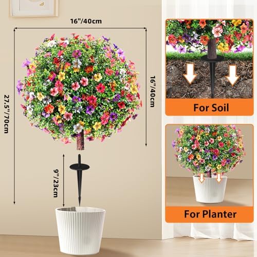 27.5" Artificial Flowers Boxwood Topiary Ball Tree Set of 2, UV Resistant Fake Bushes Shrubs with Ground Spike, Faux Evergreen Tree for Front Porch Outdoor Garden Decor - Image 4
