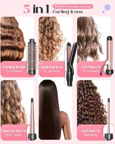 Lopeie 5 in 1 Curling Iron with Thermal Brush and 4 Interchangeable Ceramic Barrels(1/2 to 1 1/2 inch), Curling Wand Set with Flat Iron, Fast Heating, Dual Voltage Hair Curler, Gifts for Women - Image 2