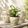 Retro Ceramic Garden Pots, 5.8 Inch Plant Pots with Drainage and Attached Saucer Set of 4, Chinoiserie Floral Large Flower Pots for Home Decor, Plant Lover Gifts, White Green by MISSYSSIM