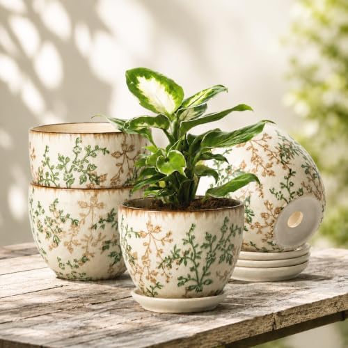 Retro Ceramic Garden Pots, 5.8 Inch Plant Pots with Drainage and Attached Saucer Set of 4, Chinoiserie Floral Large Flower Pots for Home Decor, Plant Lover Gifts, White Green by MISSYSSIM