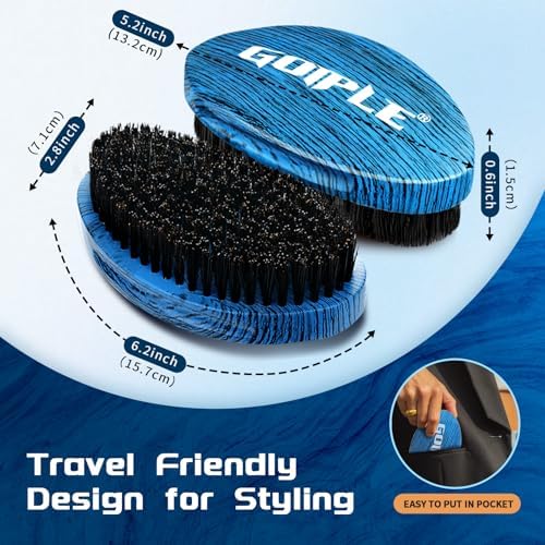 360 Curved Wave Brush For Men & Beard - Medium Hard Palm Wave Hair Brushes Wave Styler Great for Wolfing - Made with Beech Mix Boar & Nylon Bristle Brush for Barbers & Daily Use Black Hair (Blue) - Image 2