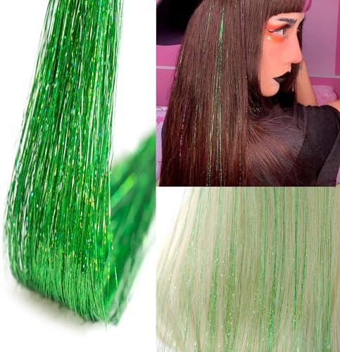 Green Hair Tinsel 12Pcs 20.5 Inch Clip in Tinsel Hair Accessories Extensions Heat Resistant Fairy Hair Tinsel Kit for Women Girls Glitter Hair Extensions for Christmas (12Pcs, Fruit green) - Image 2