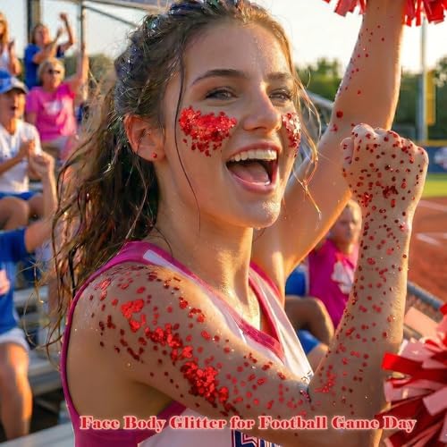 Red Body Hair Glitter Stick for Kids,Cheer Face Glitter Stick,Waterproof Red Spirit Day Accessories for Football Game Day,Halloween Cosplay Rave Carnival Concert Party Shimmer Makeup - Image 3