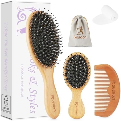 Hair Brush Set, Boar Bristle Hairbrushes for Women Men Kids All Hair Types for Detangling & Smoothing by Sosoon