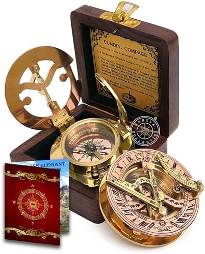 Polished Brass Sundial Compass, Sundial Clock in Wooden Box Gift Sun Clock Ship Replica Watch, Ship Decorations by HanzlaCollection