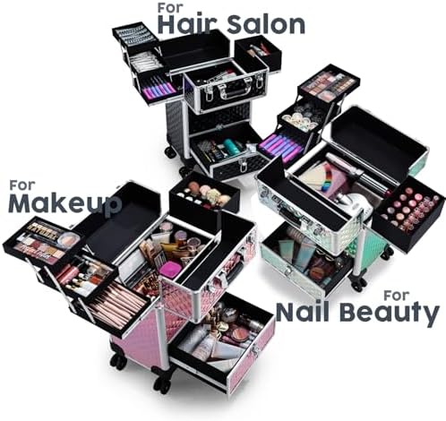 Hododou Blue Rolling Makeup Case with Drawer Travel Trolley Cosmetology Case on Wheel Makeup Storage Salon Barber Case Traveling Cart Trunk for Cosmetologist Nail Tech Hairstylist - Image 2