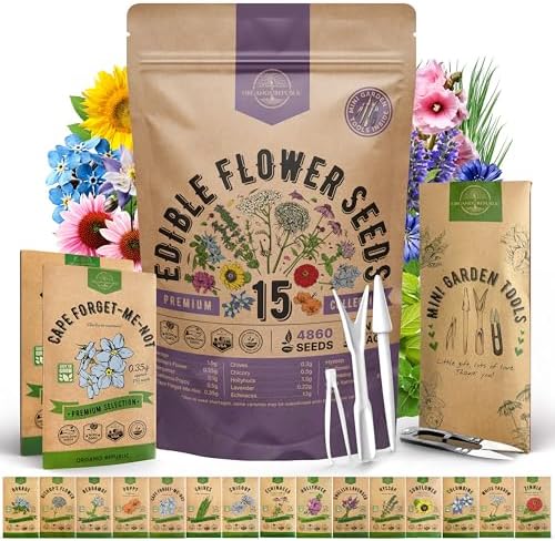 Organo Republic 15 Edible Flower Seeds Variety Pack for Indoor Outdoor Gardening - 4,800+ Non-GMO Heirloom Flower Seed: Borage, Bishop's Flower, Chicory, Chives, Hyssop, Echinacea, Lavender & More by OrganoRepublic
