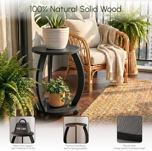 2 Pack 2 Tier Wooden Plant Stand Indoor with Wheels – Tall Plant Stand for 6-12 Inch Pots, Mid-Century Modern Rustic Plant Table Indoor, Pedestal Stand for Corner, Living Room, Balcony, Black - Image 4