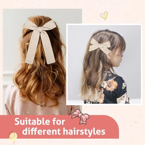 DEEKA Beige Cotton Linen Hair Bows 2 Sizes 5"&3.5" Soft Hair Bow set for Toddler Girls Long Ponytail Knot Bows Alligator Clip Hair Accessories for Little School Girls (Beige) - Image 4
