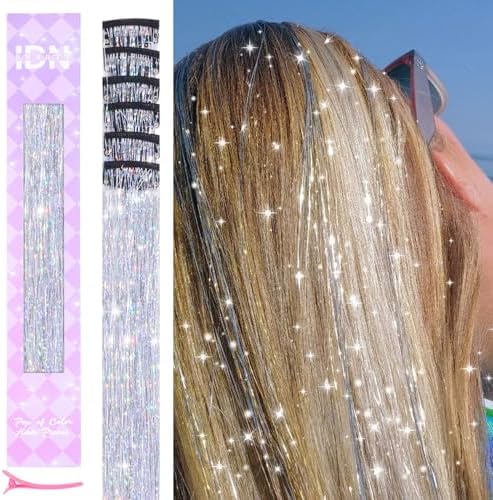 IDN BEAUTY Hair Tinsel Clip In Silver Sparkle Hair Extensions 24 Inch 6pcs by IDNBEAUTY