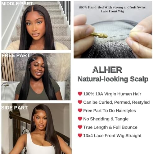 ALHER Small Cap Lace Front Wigs Human Hair Pre Plucked Straight 22 Inch, 13X4 Transparent Lace Frontal Wigs With Baby Hair 150% Density for Black Women, 12A Small Cap Size 21-21.5 Natural Black Wig - Image 4
