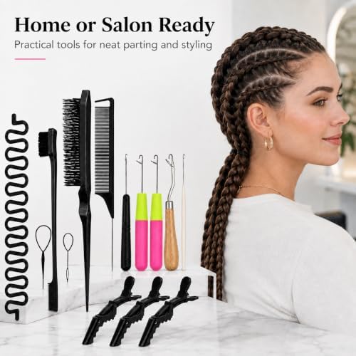 Nalexmi Crochet Hooks for Hair, Latch Hook Crochet Needle Set for Braiding, Locs, Dreadlocks and Passion Twist Extensions, with Tail Comb and Duckbill Hair Clips, Pink Styling Kit (15, Black) - Image 4