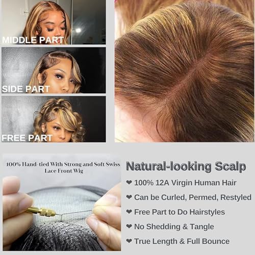 ALHER Honey Blonde Highlight Small Cap Lace Front Wigs Human Hair #4/27 Balayage Body Wave 13X4 Lace Frontal Wigs With Baby Hair 150% Density 18 IN - Image 4