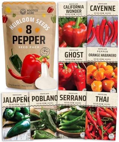 Rooted Acre 8 Varieties Hot Peppers – 240 Heirloom Seeds, High Germination – Includes Ghost Jalapeño, Serrano, California Wonder & More – Spicy Pepper Garden Mix by RootedAcre