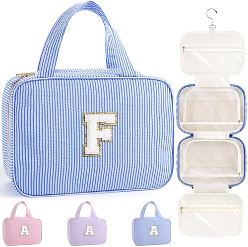 TOPEAST Gifts for Friends - Friendship Gifts for Women, Travel Toiletry Bag for Women, Hanging Toiletry Bag, Monogrammed Initial Toiletry Pouch Makeup Bag - Letter F, Blue by TOPEAST