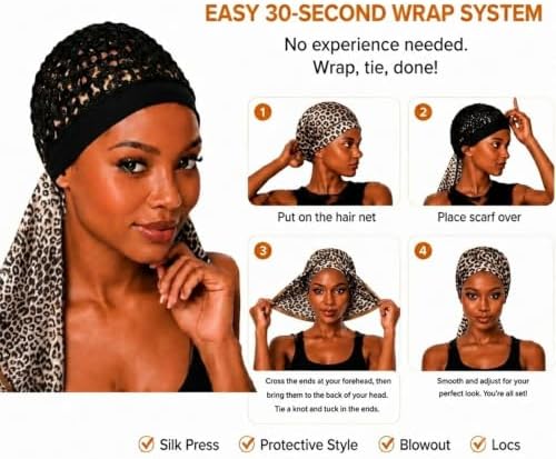 2 in 1 Wrap Cap Hair Net and Scarf for Silk Press, Satin Wrap Cap Bonnet for Women, Adjustable Stay-On Sleep Hair Net Scarf for All Hair Types - Image 6