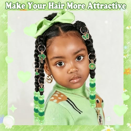 NAISKA 50PCS Green Hair Jewelry for Braids Cute Pony Beads Summer Loc Charms Daisy Flower Braids Jewelry Iridescent Dreadlock Beads 8 Styles Braids Accessories for Kids Girls - Image 3