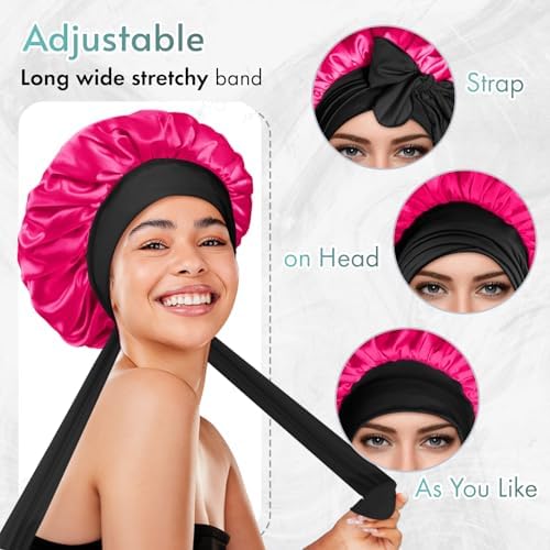 BONNET QUEEN Silk Bonnet for Sleeping Satin Bonnet with Tie Hair Wrap Double Layer Sleep Cap for Women Curly Hair, Black Hot Pink - Image 4