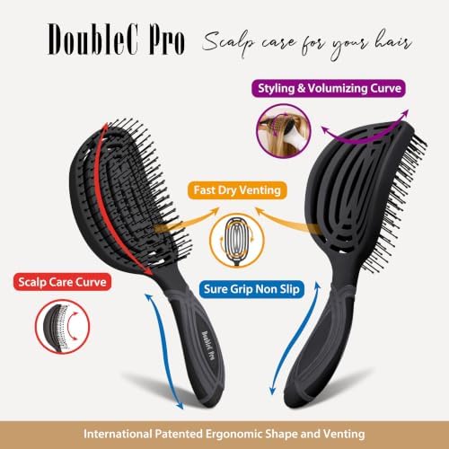 NuWay® DoubleC® Pro Professional Detangling Hair Brush – Patented Double Curve Scalp Care Brush for Gentle Detangling, Blow-Dry Styling & Wet or Dry Hair (Coal Black) - Image 2