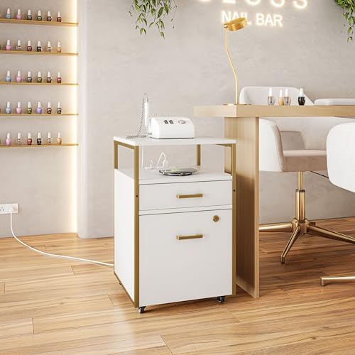 Techni Mobili Salon Storage Cabinet with Lock, 2 Drawer Organizer with USB Ports and Power Outlet, for Hair & Nail Supplies, Ideal for Professional Salons & Spas, White & Gold - Image 2