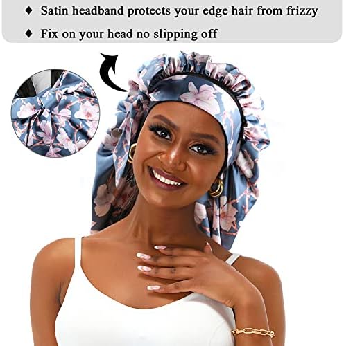 Extra Large Satin Bonnet for Women Sleeping, Silky Elastic Sleep Cap with Tie Band, Double-Layer Long Hair Bonnet for Braids/Curly/Long Hair (Blue Floral) - Image 5