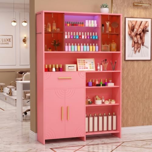 Professional Nail Storage Cabinet with LED Display Shelf (Pink) by Oakvera